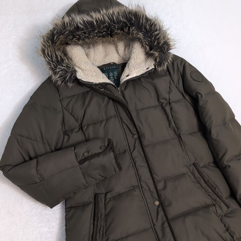 VTG Ralph Lauren LRL Puffer Down filled Green Parka Jacket Pockets Logo Fur